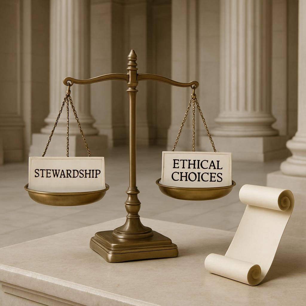 The image depicts the weigh scales of "Stewardship" (left) and "Ethical choices" (right) during a discussion on balance of...