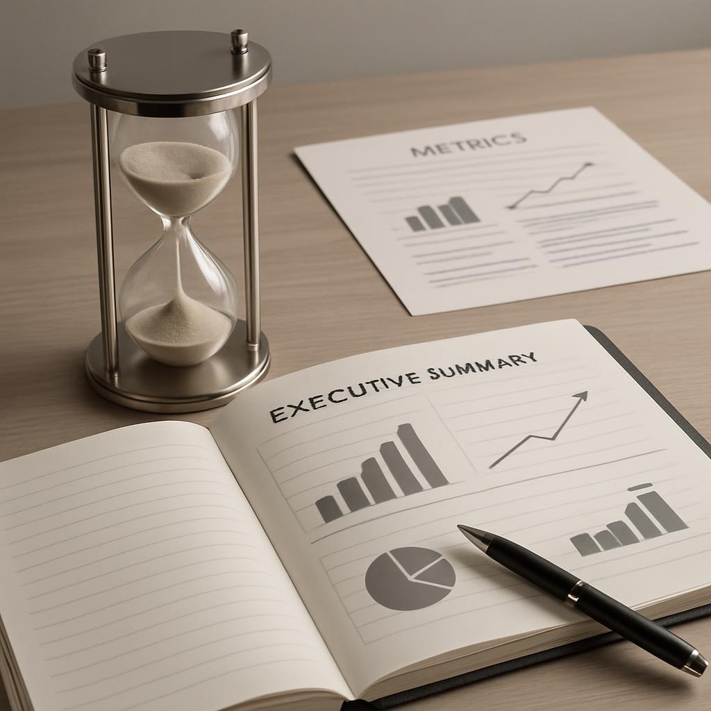 An open book with diagrams titled "EXECUTIVE SUMMARY" accompanied by an hourglass and a plot labeled "METRICS" on the side.